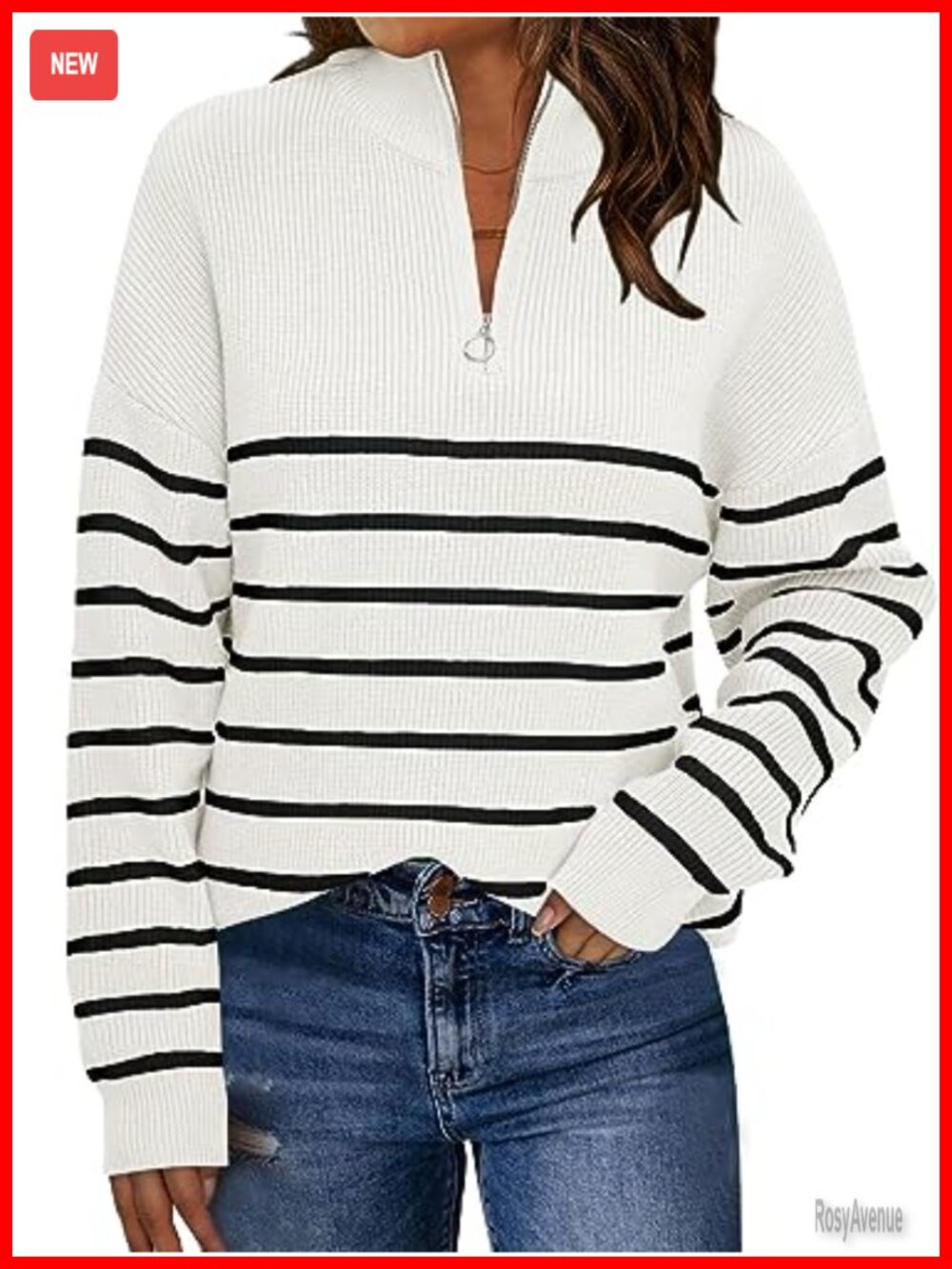 Oversized Quarter Zip Striped Ribbed Knit Sweater Pullover